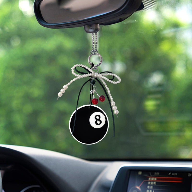 SuperKaKa Lucky 8 Ball Rearview Mirror Hanging Ornament Car Accessories for Women Cute Car Interior Decor Charm with Pearl Bow and Cherry Pendant Rear View Mirror Decorations Auto Accessories - Image 3