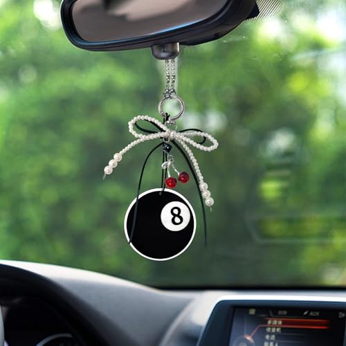 SuperKaKa Lucky 8 Ball Rearview Mirror Hanging Ornament Car Accessories for Women Cute Car Interior Decor Charm with Pearl Bow and Cherry Pendant Rear View Mirror Decorations Auto Accessories - Image 1