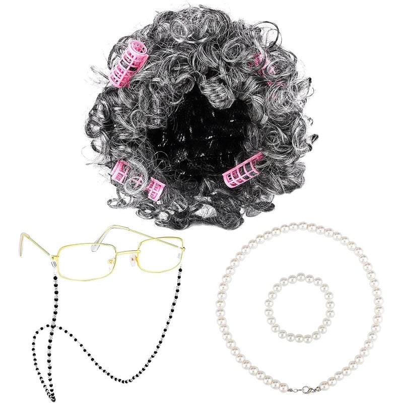 URATOT 5 Pieces Halloween Old Lady Wig Set Halloween Granny Costume Party Wigs with Hair Rollers, Glasses, Chain, Necklace, Bracelet Dress Up Costume Cosplay Supplies, Dark Gray, M - Image 1