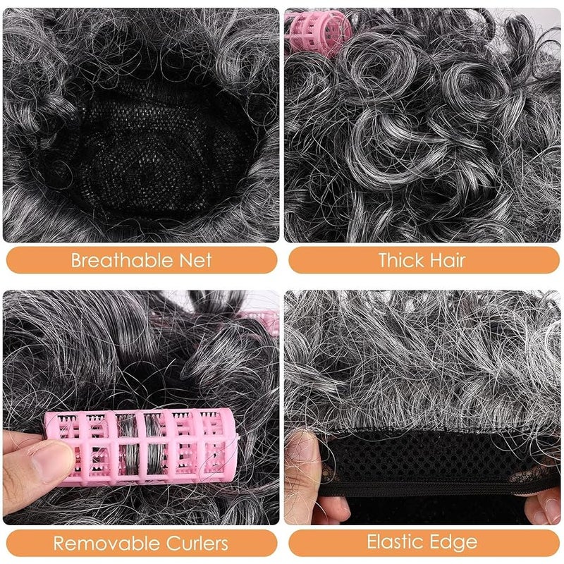 URATOT 5 Pieces Halloween Old Lady Wig Set Halloween Granny Costume Party Wigs with Hair Rollers, Glasses, Chain, Necklace, Bracelet Dress Up Costume Cosplay Supplies, Dark Gray, M - Image 3