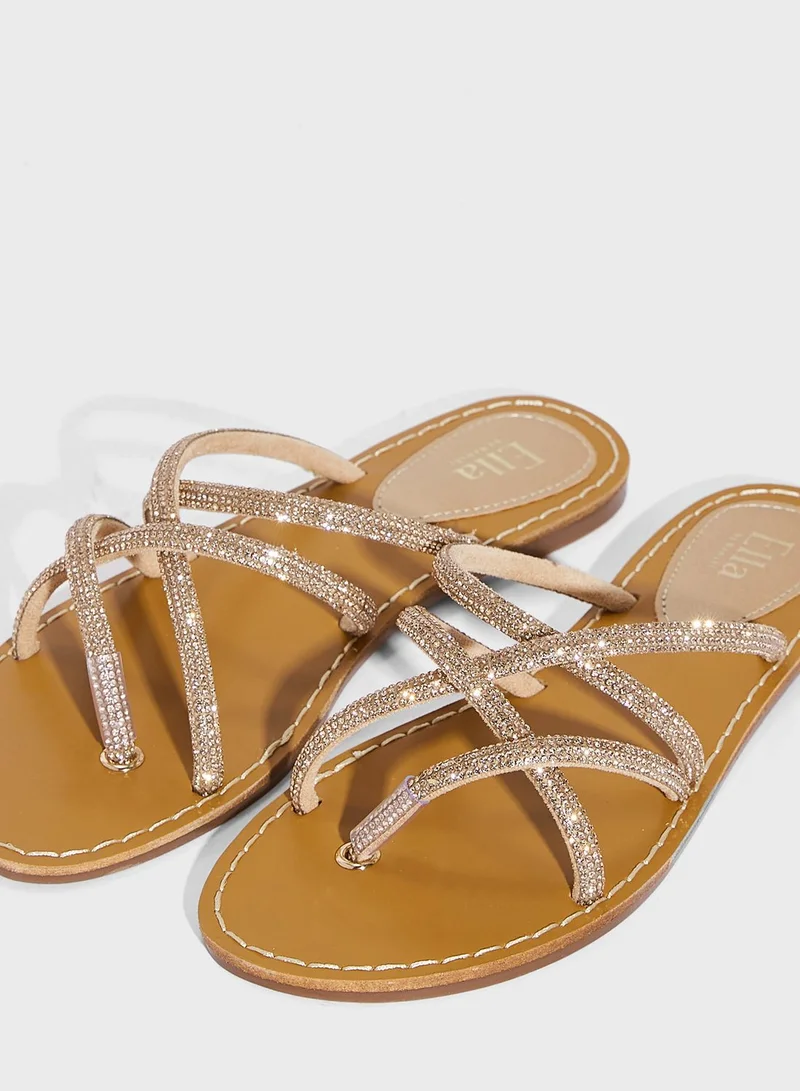 Ella Limited Edition Diamante Twisted Strap Flat Sandal Bronze