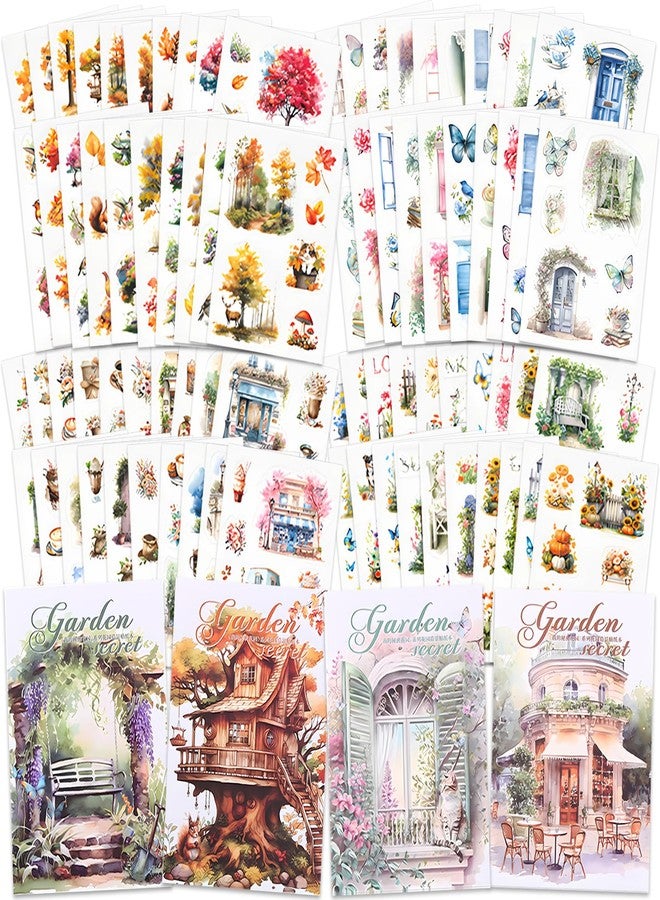 Knaid Scenery Sticker Set (490+ Pieces, 80 Sheets) 4 Pack Sticker Books Blooming Windows, Garden Houses, Enchanted Forest, Garden Fences Journaling Stickers for Scrapbook Bullet Junk Journals Planner - Image 1