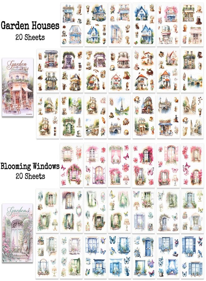 Knaid Scenery Sticker Set (490+ Pieces, 80 Sheets) 4 Pack Sticker Books Blooming Windows, Garden Houses, Enchanted Forest, Garden Fences Journaling Stickers for Scrapbook Bullet Junk Journals Planner - Image 2
