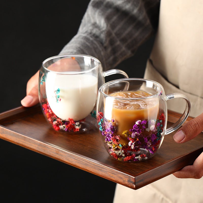 Internet-Famous Real Flower Double-Layer Glass Cup, High Aesthetic Value, Souvenir Gift, High Borosilicate, Simple Design With Lid, High Temperature Resistant - Image 4