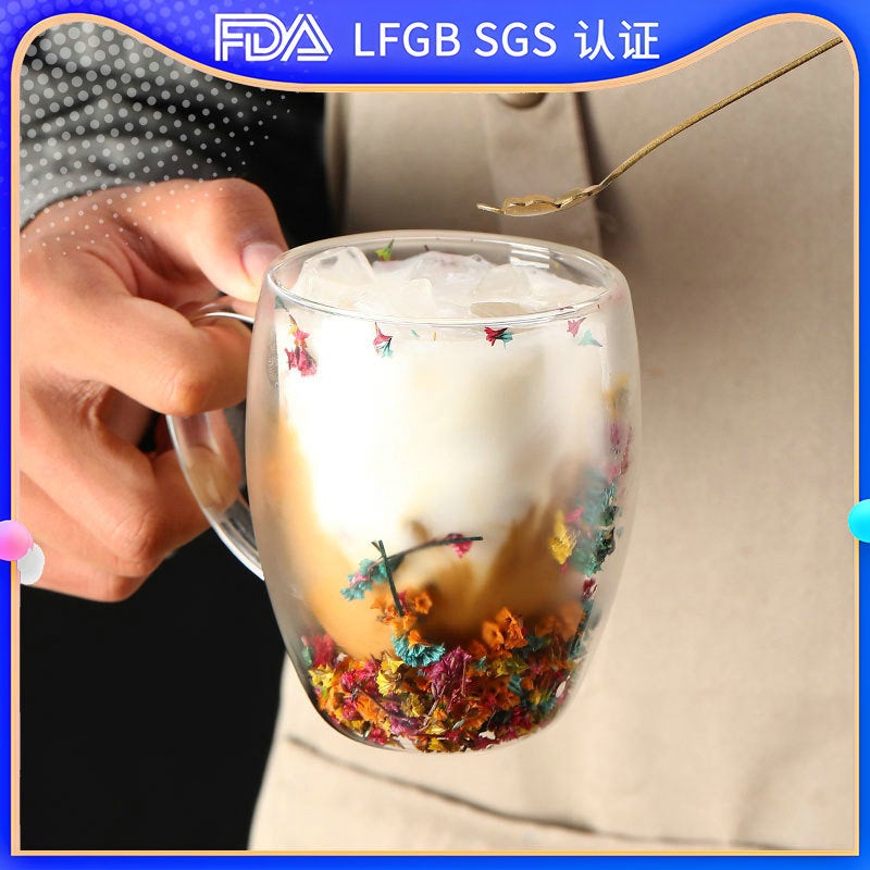 Internet-Famous Real Flower Double-Layer Glass Cup, High Aesthetic Value, Souvenir Gift, High Borosilicate, Simple Design With Lid, High Temperature Resistant - Image 2