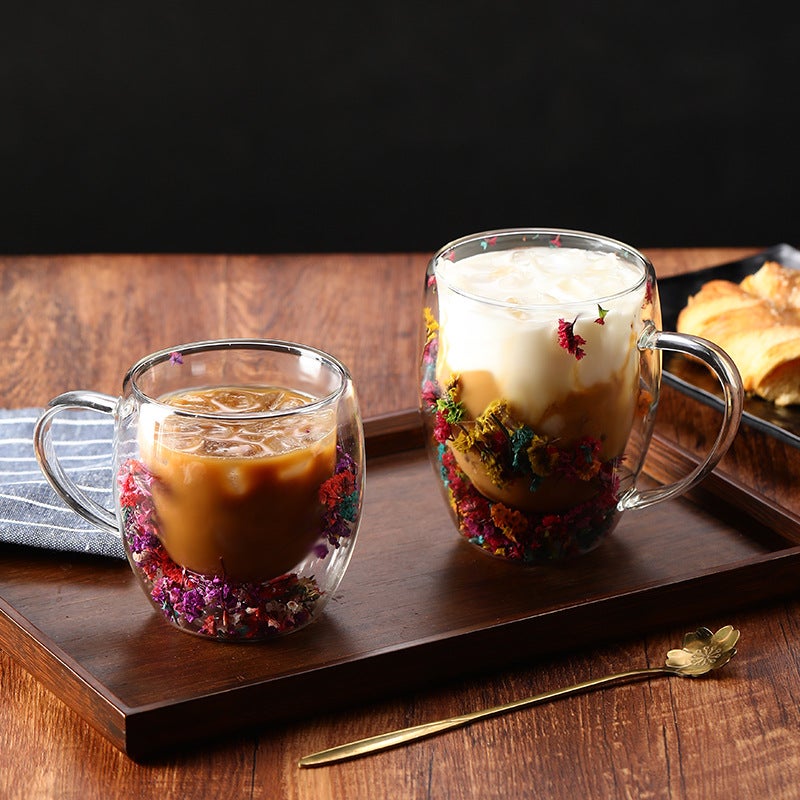 Internet-Famous Real Flower Double-Layer Glass Cup, High Aesthetic Value, Souvenir Gift, High Borosilicate, Simple Design With Lid, High Temperature Resistant - Image 3