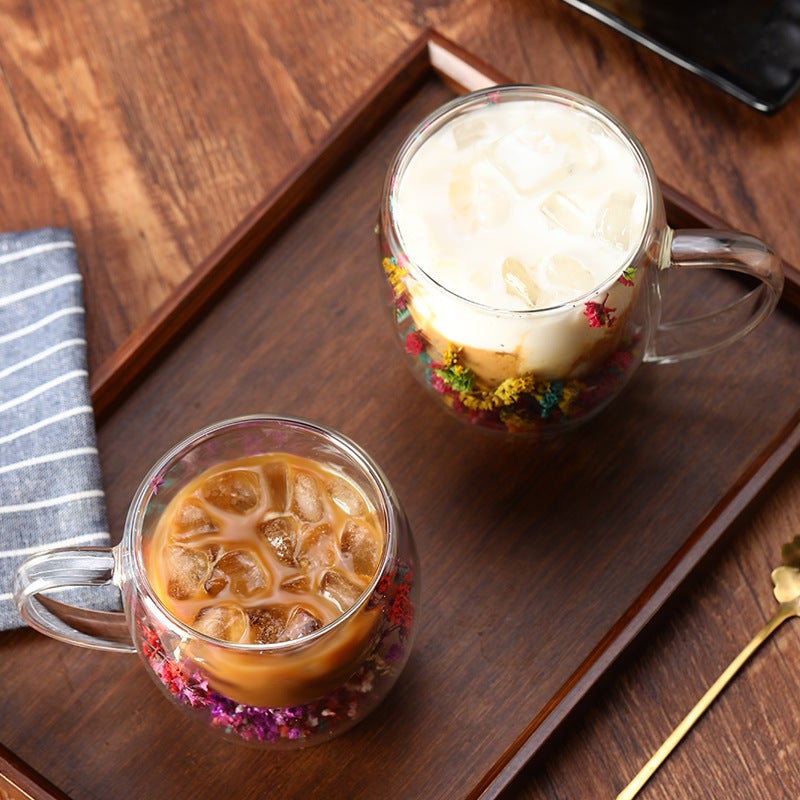 Internet-Famous Real Flower Double-Layer Glass Cup, High Aesthetic Value, Souvenir Gift, High Borosilicate, Simple Design With Lid, High Temperature Resistant - Image 5