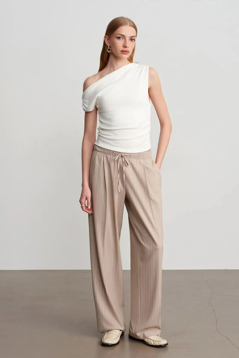 Dilvin Stone Natural DILVIN Striped Wide-leg Palazzo Trousers for Women | Best Price UAE