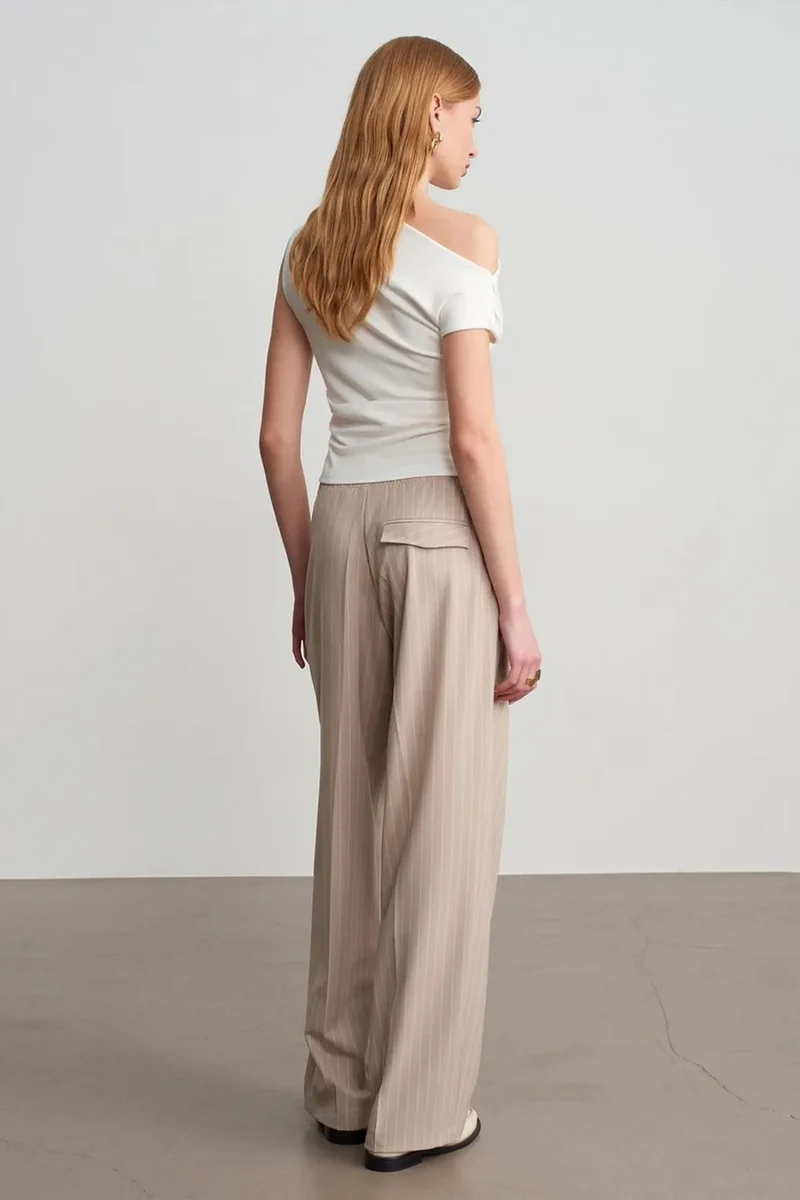 Dilvin Stone Natural DILVIN Striped Wide-leg Palazzo Trousers for Women | Best Price UAE