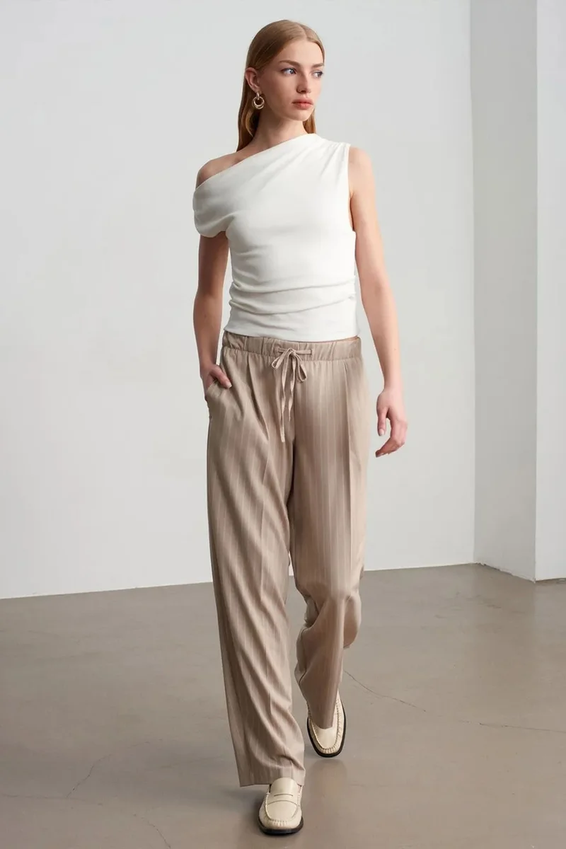 Dilvin Stone Natural DILVIN Striped Wide-leg Palazzo Trousers for Women | Best Price UAE