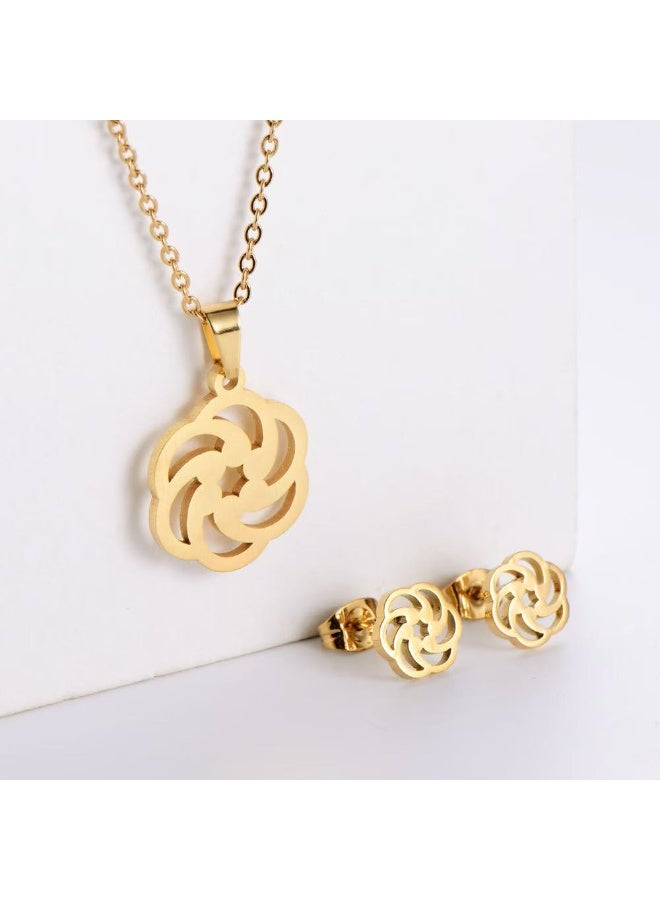 جلوسكي Minimalist Stainless Steel Jewelry Set – Geometric Flower Stud Earrings  Pendant Necklace for Women, Elegant Daily Wear - Image 4