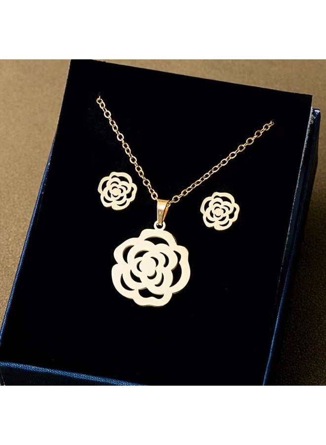 جلوسكي Minimalist Stainless Steel Jewelry Set – Geometric Flower Stud Earrings  Pendant Necklace for Women, Elegant Daily Wear - Image 5