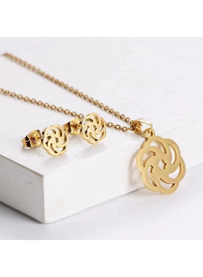 جلوسكي Minimalist Stainless Steel Jewelry Set – Geometric Flower Stud Earrings  Pendant Necklace for Women, Elegant Daily Wear - Image 2