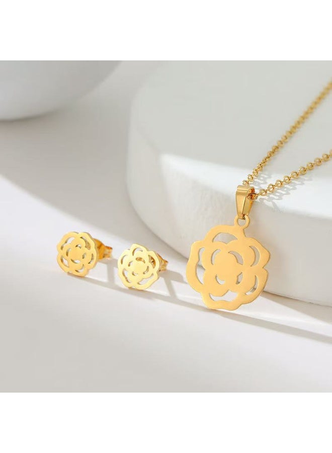 جلوسكي Minimalist Stainless Steel Jewelry Set – Geometric Flower Stud Earrings  Pendant Necklace for Women, Elegant Daily Wear - Image 3