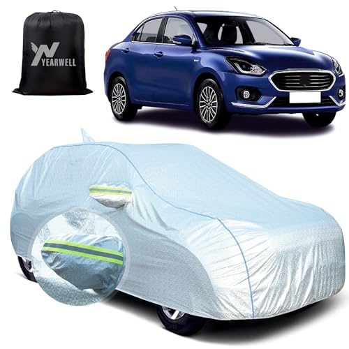 YEARWELL Car Body Cover for Maruti Dzire (2017-2024), 100% Waterproof, Heat-Resistant with Mirror & Antenna Pockets, Soft Cotton Lining, Triple Stitched, Piping & Reflector (Reflective Silver) - Image 1