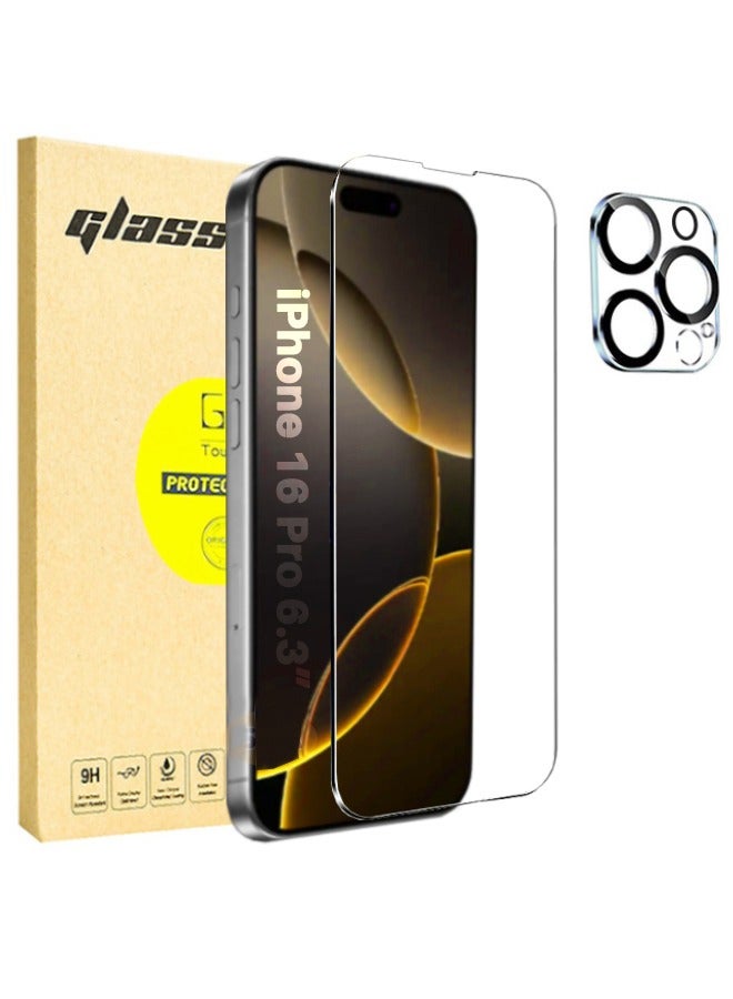 جلاس واقي شاشة iPhone 16 Pro مع واقي عدسة الكاميرا، صلابة 9H | مقاوم للكسر | خالٍ من الفقاعات | مجموعة مقاومة للخدش لهاتف iPhone 16 Pro مقاس 6.3 بوصة (معبأة، مع أداة التثبيت) - Image 1