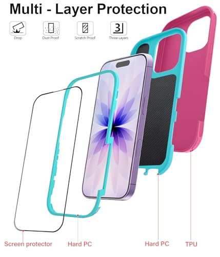 JGS for iPhone 17 Case 6.3", Military Grade 3 in 1 Heavy Duty Shockproof/Drop Proof Case with 2 Screen Protector + 2 Camera Lens Protector(Pink Blue) - Image 5