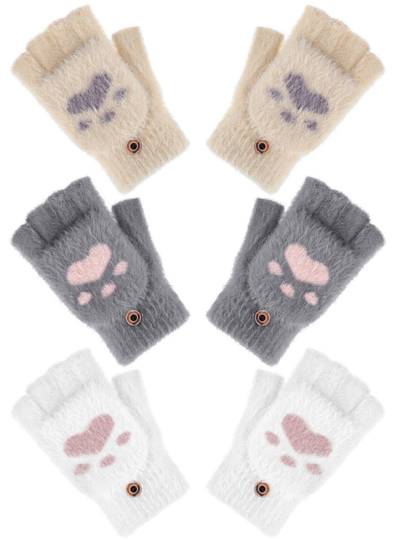 SYOSI Winter Fingerless Gloves,  3 Pairs Kawaii Gloves Cat Paws Cosplay Faux Fur Plush Cat Gloves Lion Paws Fingerless Gloves for Girls Women, Warm Fleece Lined Knit Gloves Elastic Cuff - Image 1