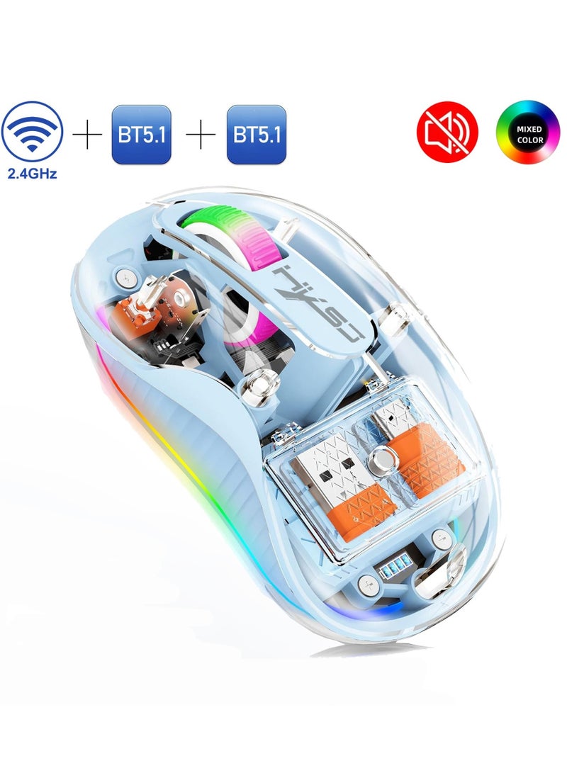 ماوس لاسلكي شفاف، إضاءة خلفية RGB صامتة، ماوس ألعاب ثلاثي الوضع 2.4G وBT5.1، DPI قابل للتعديل، قابل لإعادة الشحن - Image 1