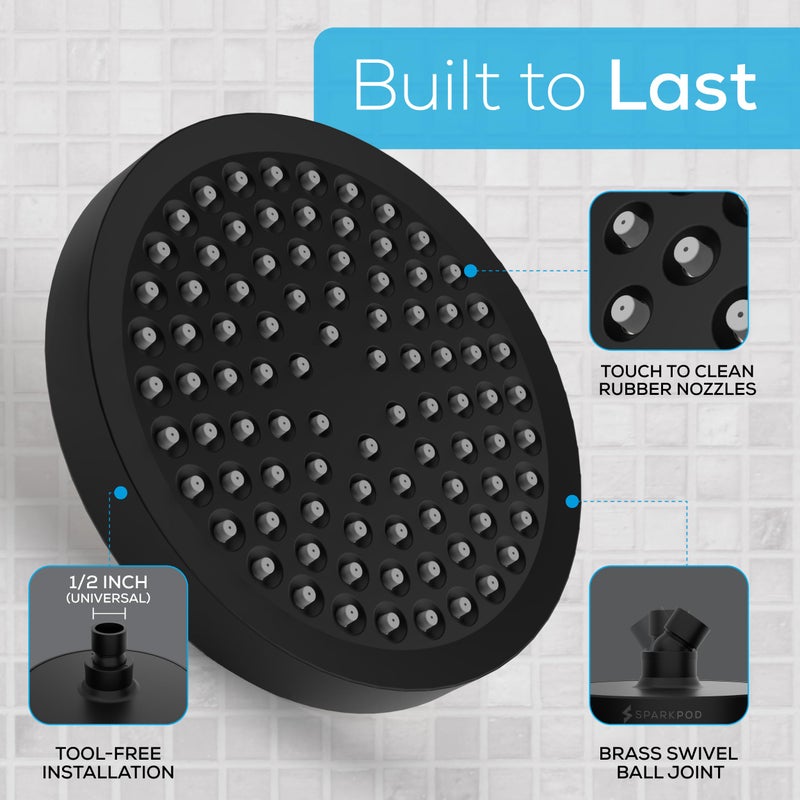 SparkPod Shower Head - High Pressure Rain - Premium Quality Luxury Design - Easy Clean Adjustable Replacement for Your Bathroom Shower Heads (Midnight Black Matte, 6 Inch Round) - Image 5