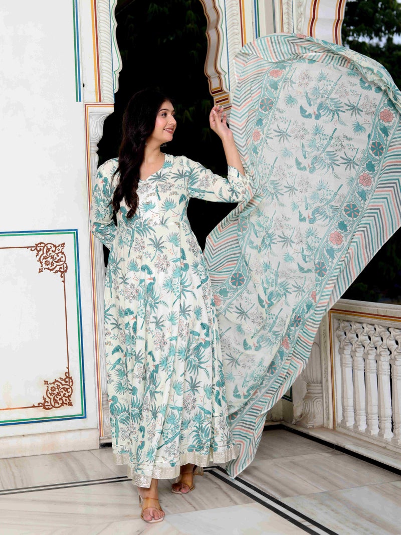 Miravan Womens Green Cotton Birds And Leaf Floral Printed  Anarkali Kurta With Dupatta - Image 2