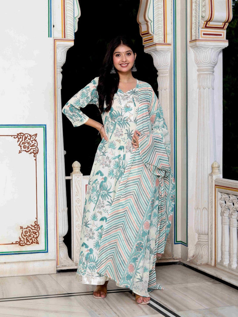 Miravan Womens Green Cotton Birds And Leaf Floral Printed  Anarkali Kurta With Dupatta - Image 1