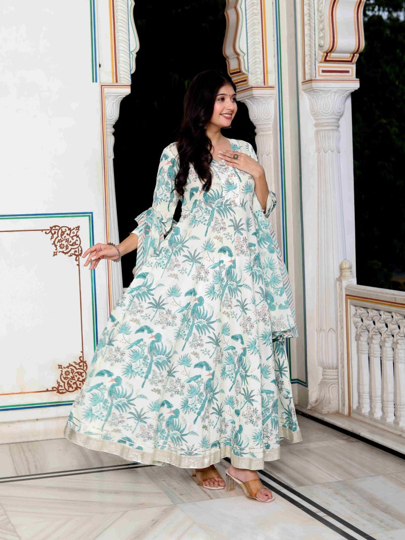 Miravan Womens Green Cotton Birds And Leaf Floral Printed  Anarkali Kurta With Dupatta - Image 3