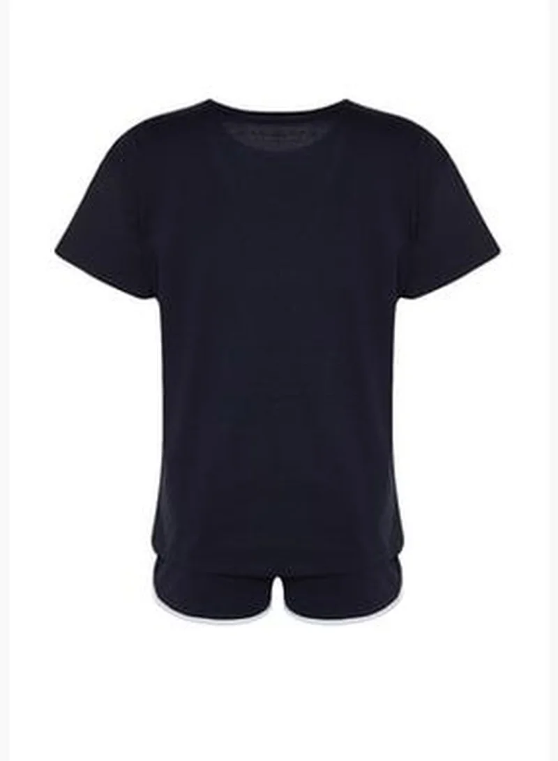 trendyol Navy Blue Printed Cotton Singlet-Shorts Knitted Pajamas Set