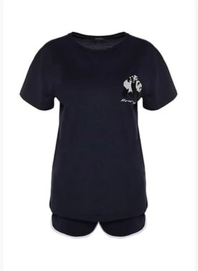 trendyol Navy Blue Printed Cotton Singlet-Shorts Knitted Pajamas Set