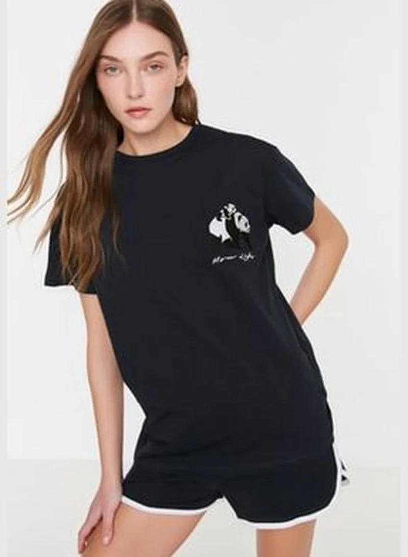 trendyol Navy Blue Printed Cotton Singlet-Shorts Knitted Pajamas Set