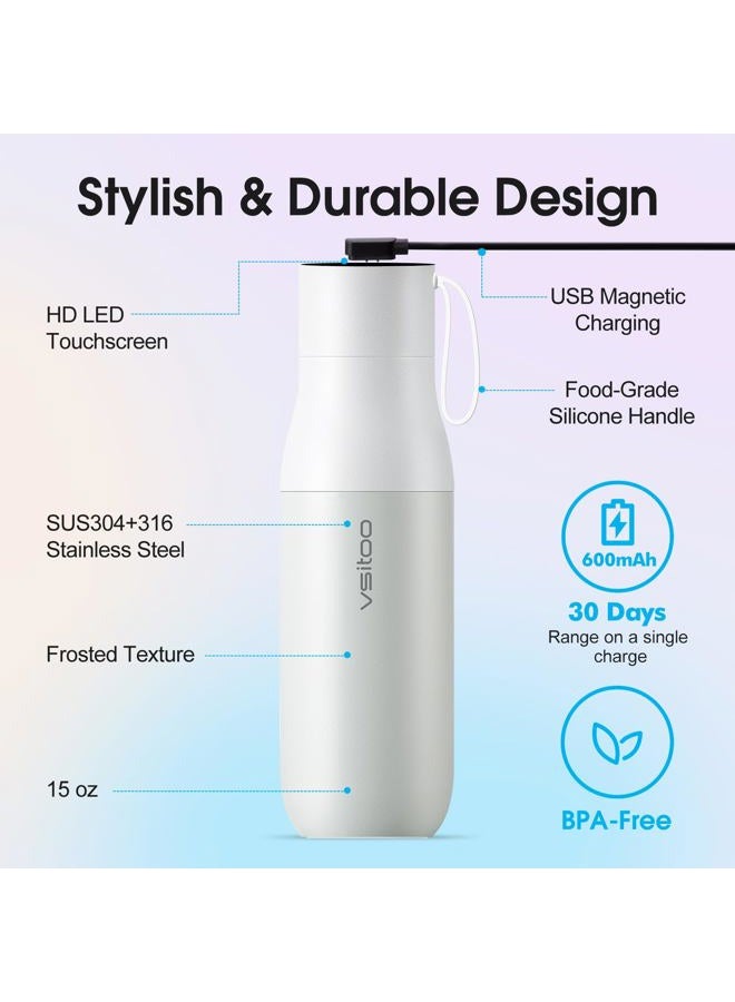 vsitoo 15oz Smart Self Cleaning Water Bottle，Insulated Water Bottle with Stainless Steel, BPA-Free, AI Self-Clean, 30-Day Battery, Magnetic Charging for Travel, Gym or Office, White - Image 5