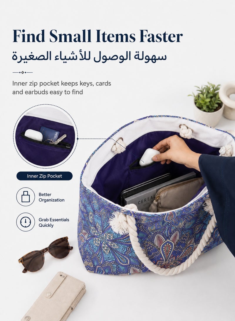 دونيسو شنطة توت نسائية مطبوعة، حقيبة كتف كبيرة بسحاب وحبال حمل مريحة، مع جيب داخلي، مناسبة للجامعة والتسوق والسفر والشاطئ والاستخدام اليومي - Image 3