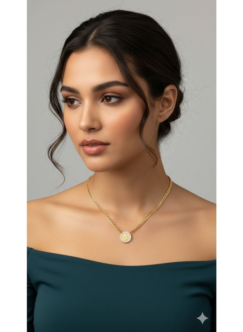 ورد سلسلة رقبة ذهبية أنيقة بدلاية دائرية لامعة، من الستانلس ستيل عالي الجودة، مناسبة للهدايا والمناسبات. - Image 1