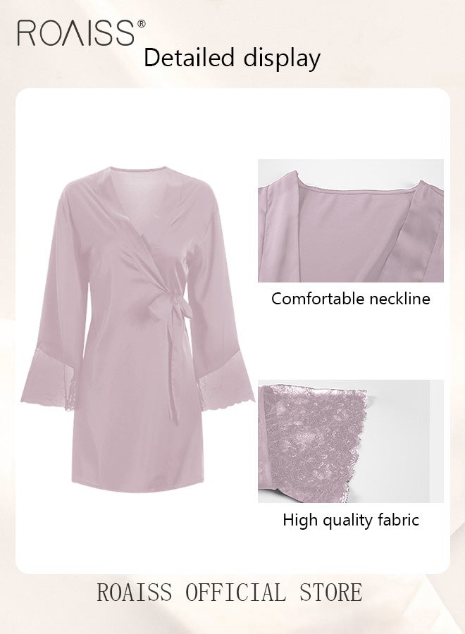 roaiss 2-Piece Set of Women Pajamas with V-Neck Design Women Home Wear Set Same Color Outer Robe and Lace Element Nightgown  - Image 1