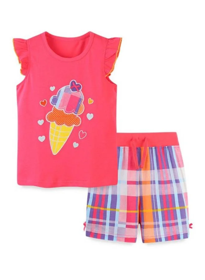 يونيكي Pink Crew Neck Cap Sleeve Printed Tshirt & Shorts