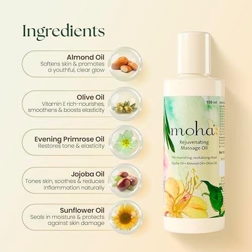 Moha Rejuvenating Massage Oil with Jojoba, Almond & Olive Oil | Lightweight Full Body Massage Oil for Relaxation Mind, Body, Stress | Claming Body & Skin Nourishment | Soothing Ayurvedic Blend for Healthy and Clear Glow - 100 Ml (Pack of 1) - Image 3