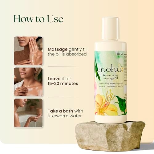 Moha Rejuvenating Massage Oil with Jojoba, Almond & Olive Oil | Lightweight Full Body Massage Oil for Relaxation Mind, Body, Stress | Claming Body & Skin Nourishment | Soothing Ayurvedic Blend for Healthy and Clear Glow - 100 Ml (Pack of 1) - Image 5