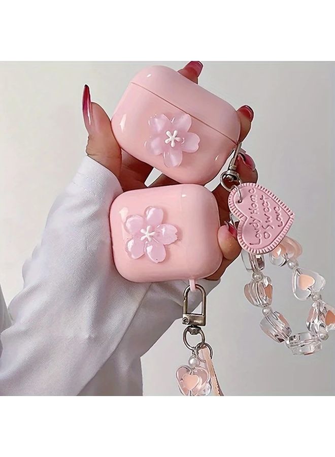 غلاف AirPods Pro 2 ثلاثي الأبعاد بتصميم زهر الكرز الوردي من مادة TPU مع سلسلة ملحقة - Image 5