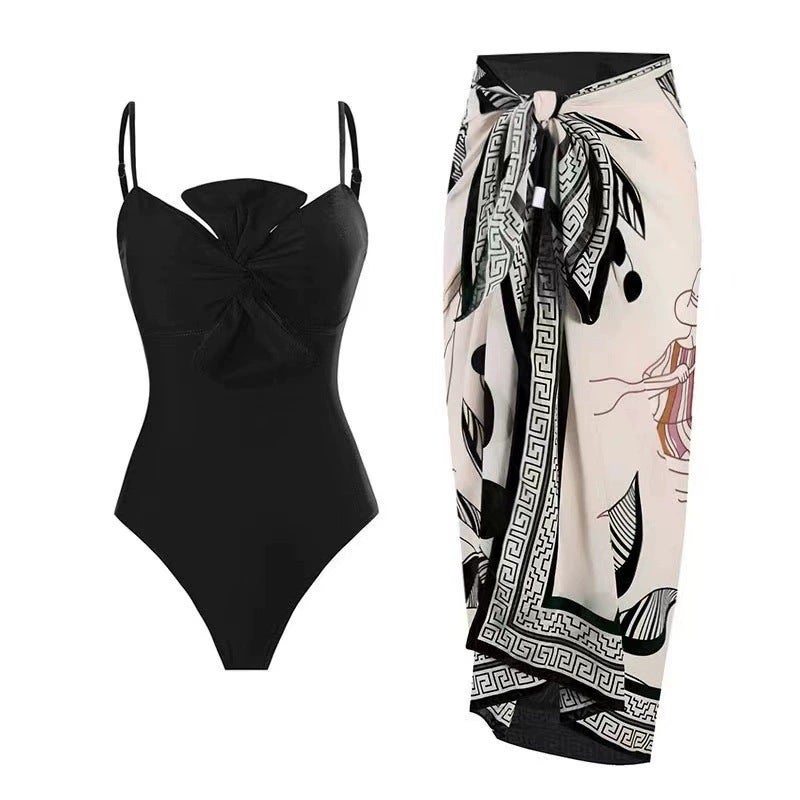 Lanqi 2024 Solid One-Piece Swimsuit with Bow Black suit  - Image 1