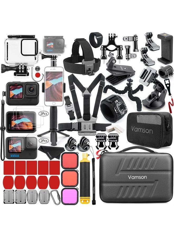 مجموعة ملحقات لكاميرا GoPro Hero 11 10 9، غطاء أسود مقاوم للماء، فلتر، واقي من السيليكون، إطار، عدسة، شاشة، زجاج مقسّى، حزام صدر للرأس، حامل للدراجة، مجموعة عائمة مكونة من 64 قطعة AVS18