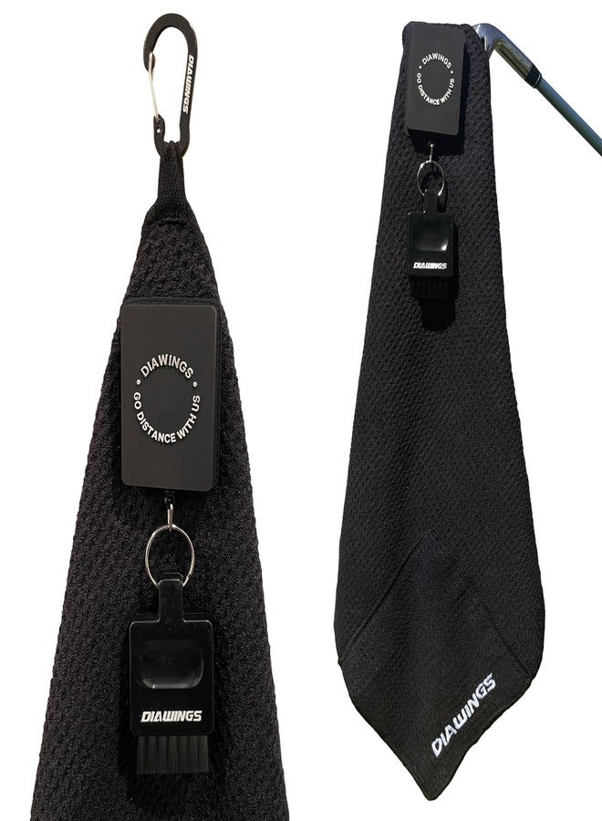 DIAWINGS W Diawings All in One Golf Towel, 5-in-1 Multi-Functional Golf Towel, with Magnetic Hold, Waffle Weave Microfiber Club & Ball Towel, Retractable Brush, Carabiner Clip – Ultimate Golf Accessory (Black) - Image 1