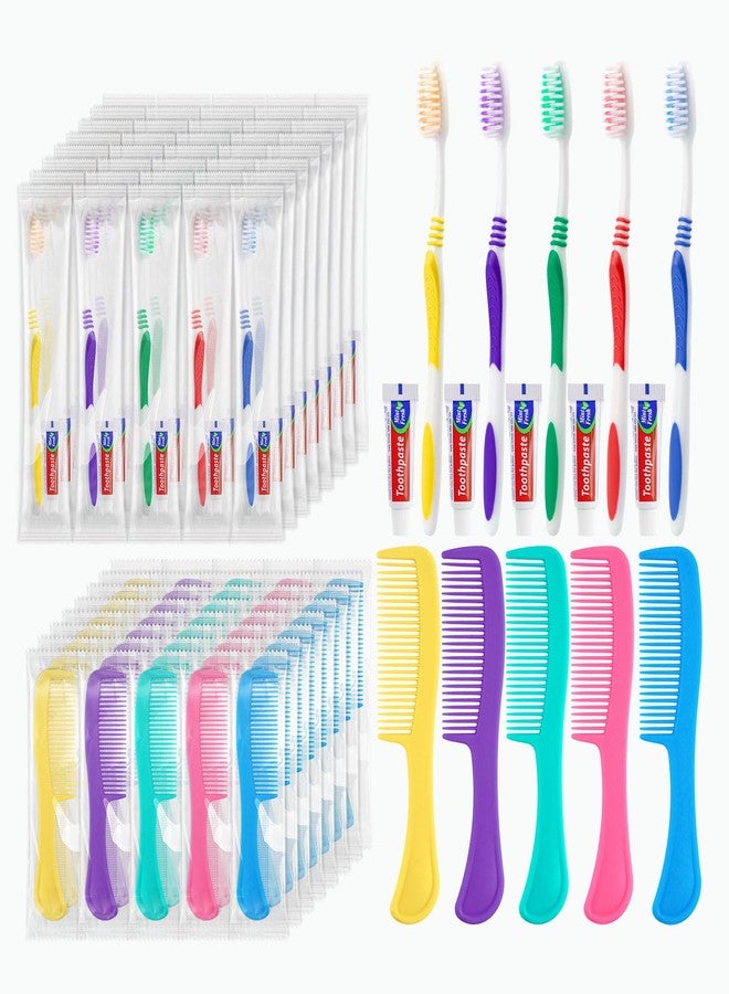 Zhjianup Disposable Toothbrushes with Toothpaste and Comb in Bulk, Individually Wrapped Soft Bristle Travel Size Basic Hygiene Kits, for Travel Hotel Camping Charity Homeless Shelter Donation in 5 colors (50 - Image 1