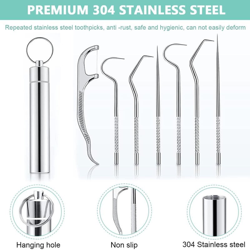 Hidak Hidak 7 in 1 Portable Stainless Steel Toothpicks Set Reusable Toothpick Cleaning Kit for Teeth Metal Toothpick Holders for Outdoor Picnic Camping Traveling - Image 2