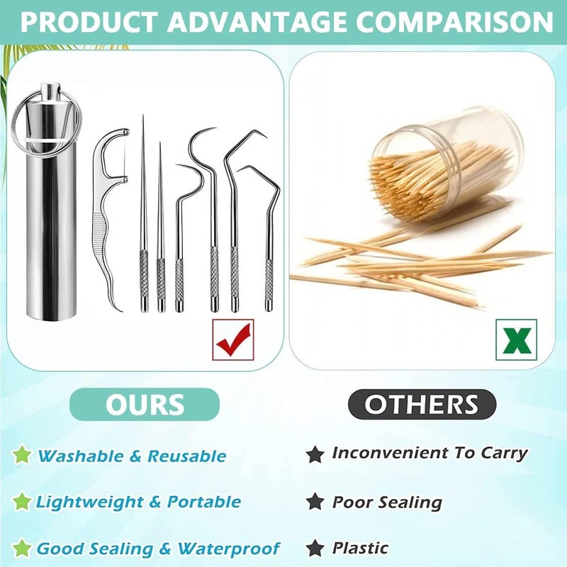 Hidak Hidak 7 in 1 Portable Stainless Steel Toothpicks Set Reusable Toothpick Cleaning Kit for Teeth Metal Toothpick Holders for Outdoor Picnic Camping Traveling - Image 3