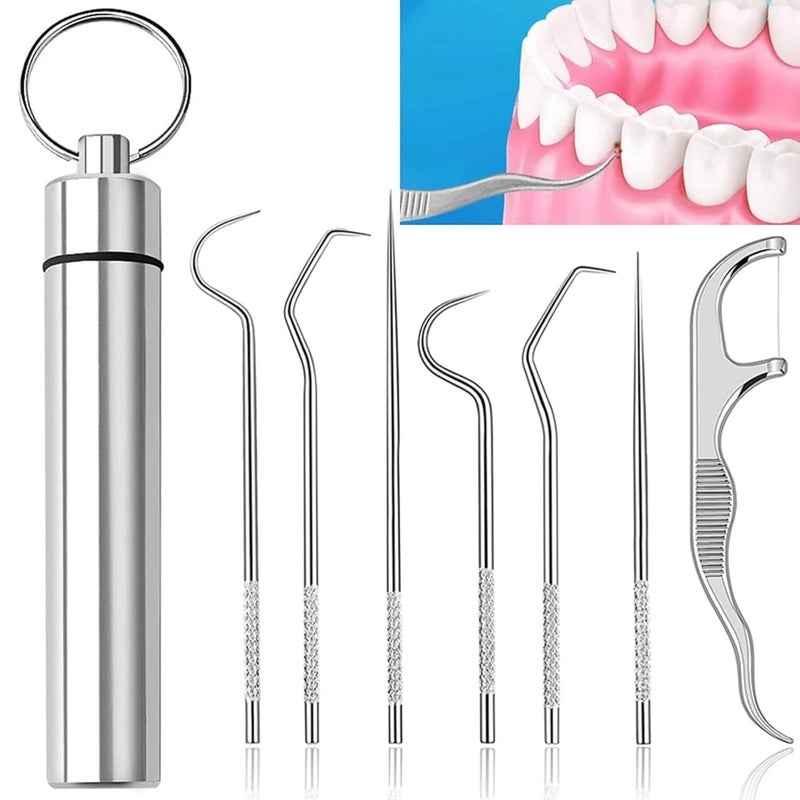Hidak Hidak 7 in 1 Portable Stainless Steel Toothpicks Set Reusable Toothpick Cleaning Kit for Teeth Metal Toothpick Holders for Outdoor Picnic Camping Traveling - Image 1