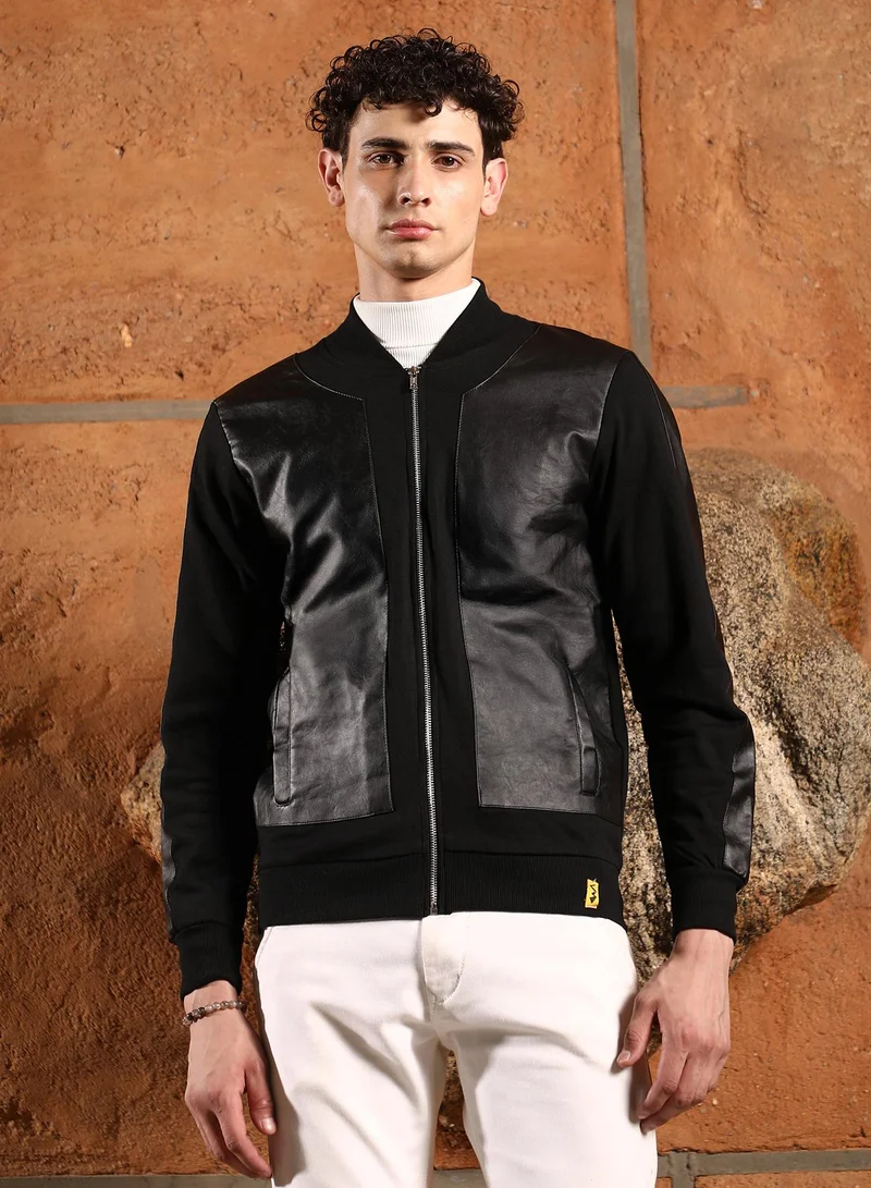 Campus Sutra Men's Onyx Black Self-Block Bomber Jacket | Baseball Collar , Ribbed Cuff Sleeves , Zipper Closure , Straight Hem | Solid Plain For Casual & Daily Wear