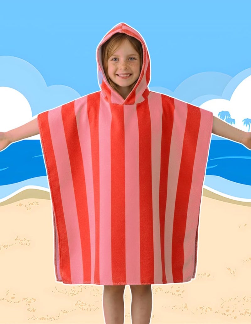 MONOBLANKS Striped Hooded Towels for Kids, 30" x 30" Soft Absorbent Beach Poncho Towel for 3-10 Years Boys Girls, Perfect for Pool Swimming, Bath, Beach (Pink-Orange) - Image 4