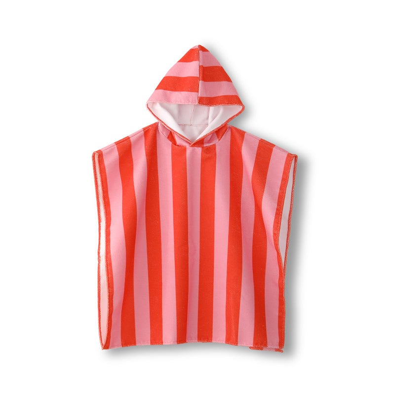 MONOBLANKS Striped Hooded Towels for Kids, 30" x 30" Soft Absorbent Beach Poncho Towel for 3-10 Years Boys Girls, Perfect for Pool Swimming, Bath, Beach (Pink-Orange) - Image 1