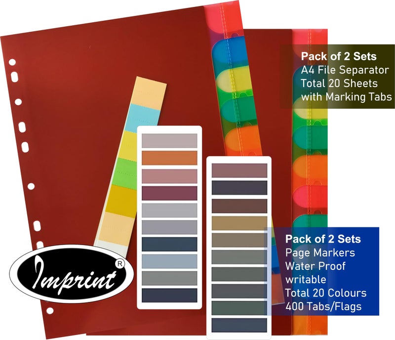 IMPRINT A4 Binder Index Separator (20 Insertable tab Sheets) - Separators for Box Files, Lever Arch Files, Binders Punched- A4 Size with 2 Packs of Book Tabs in 20 Colours (Total 400 Tabs) - Image 3