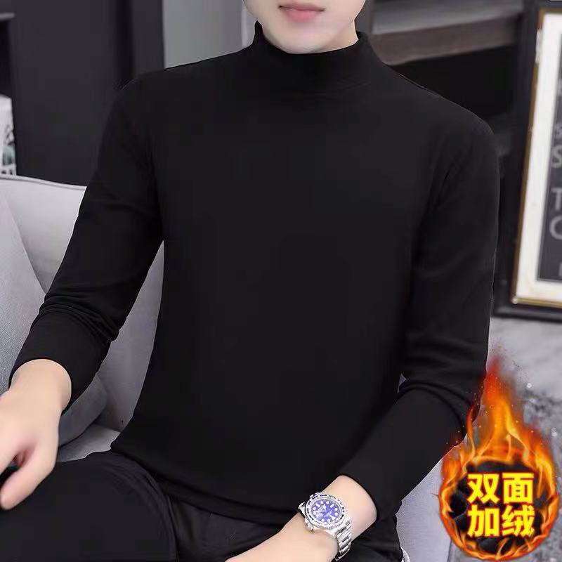 Factory wholesale German velvet semi-high collar long sleeve T-shirt mens autumn and winter fashion clothes thermal underwear base shirt men Coffee - Image 4